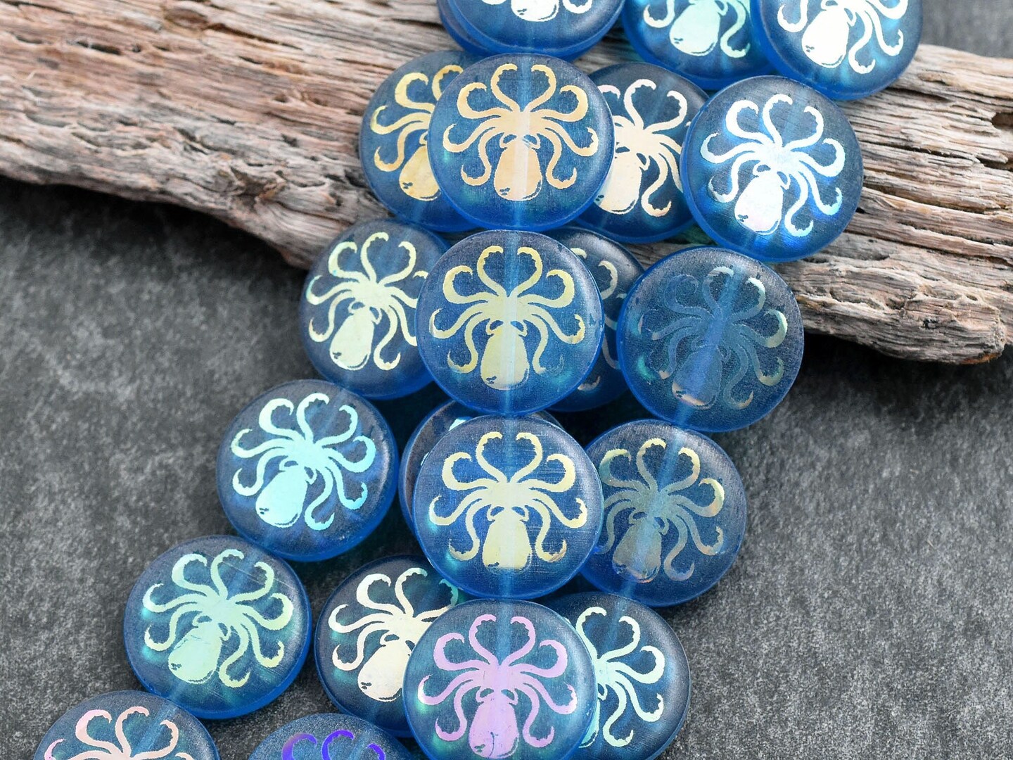 *8* 16mm Transparent Azure Blue AB Laser Tattoo Octopus Coin Beads