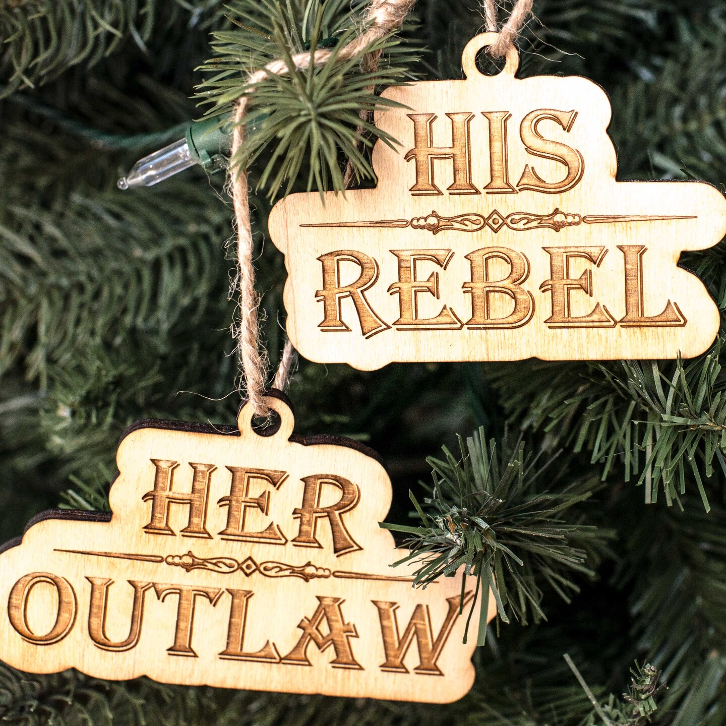 Ornament - His Rebel - Her Outlaw - Set Raw Wood 2x4in Ornament - His Rebel - Her Outlaw - Set Raw Wood 2x4in