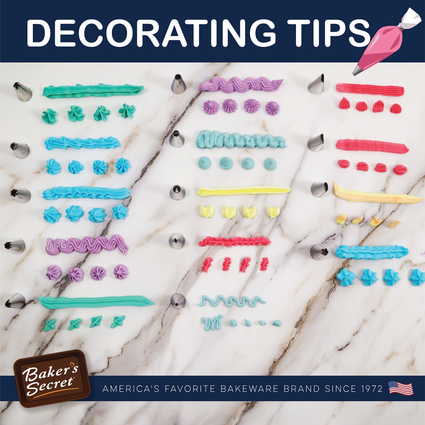 Baker&#x27;s Secret - Reusable Piping bag and Tips Cake Decorating Supplies Kit, 16 Pieces Cake Decorating Set, Baking Kitchen Essentials