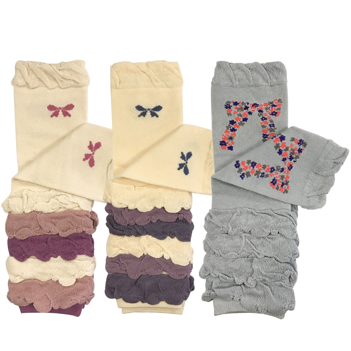 Wrapables Colorful Baby Leg Warmers Set of 3, Half Ruched and Bows
