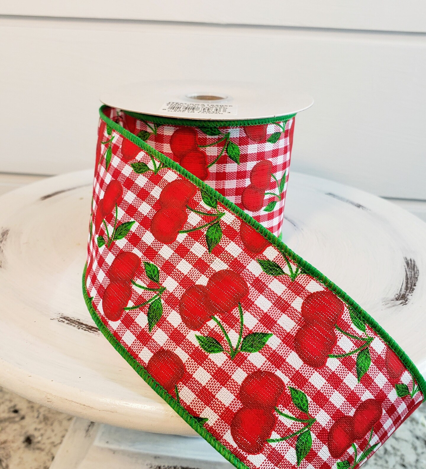 2.5"x10YD Cherries on Gingham Check Ribbon - Playful Red, White, and Green Delight-RGA165056