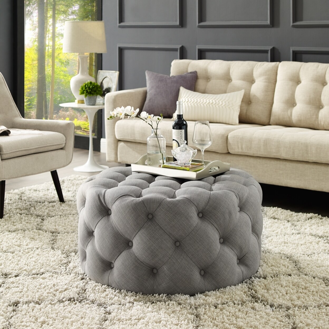 Inspired Home Desiree Velvet or Linen Cocktail Ottoman Allover