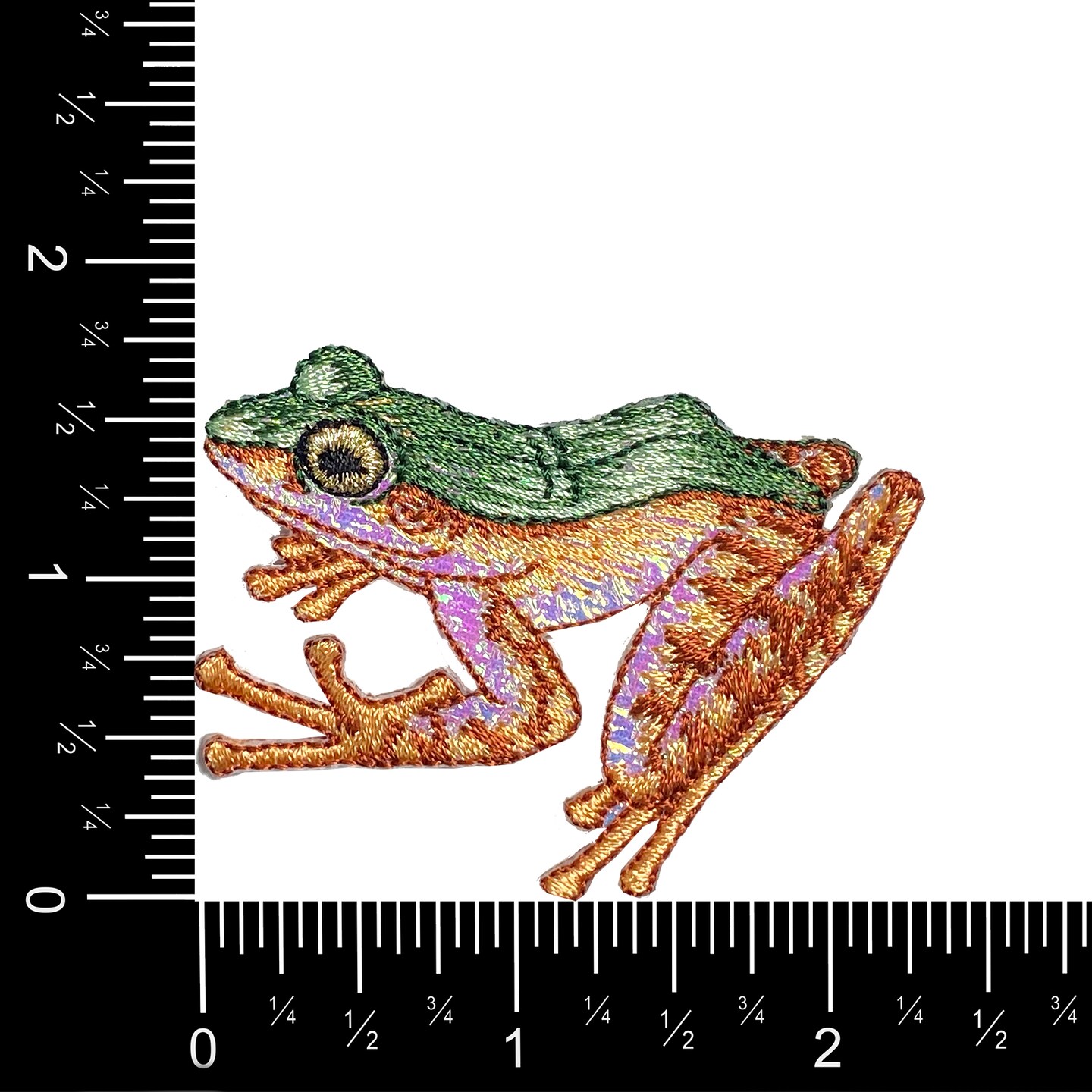 Green Shimmery Frog, Facing Left, Embroidered Iron-on Patch