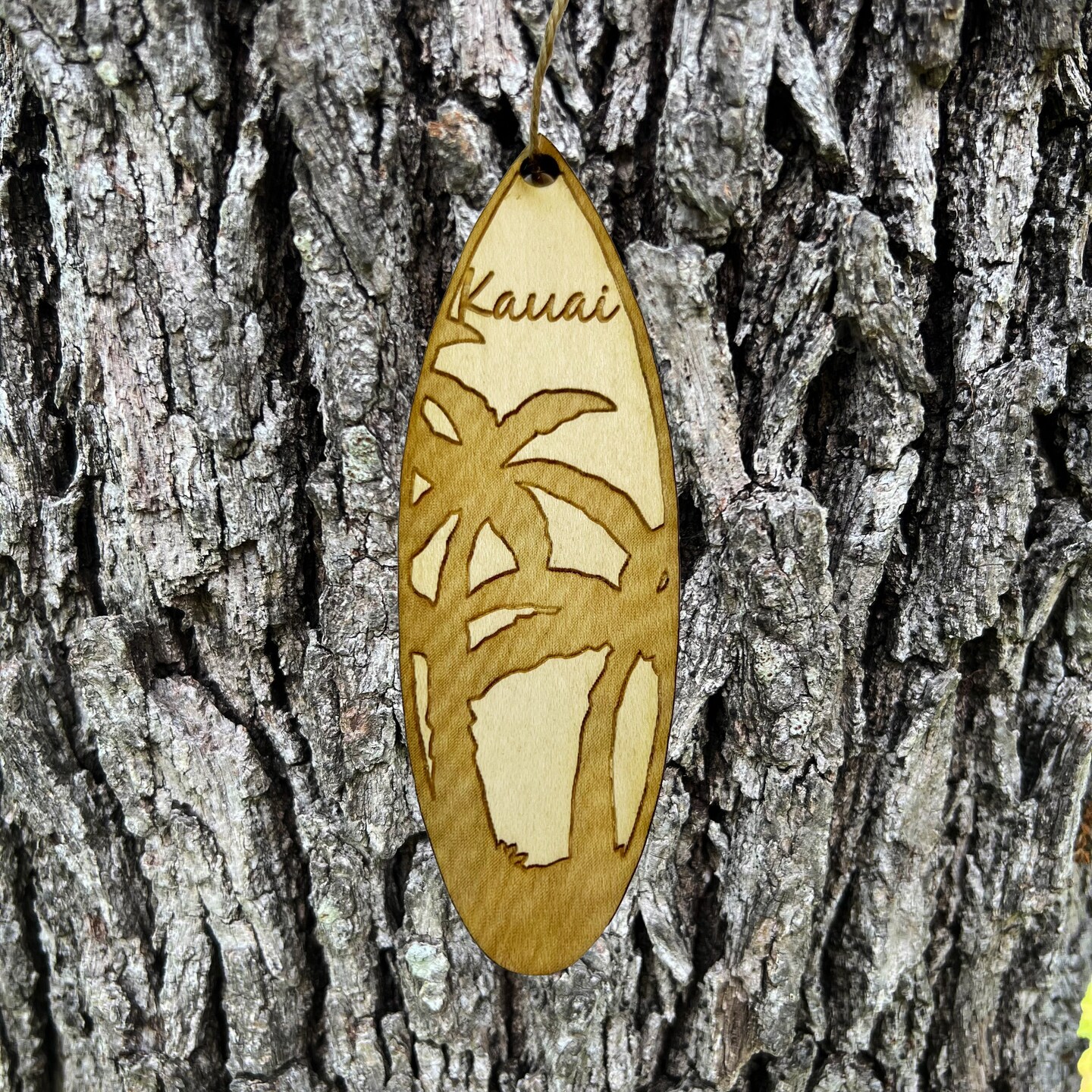 Ornament - Kauai Palm Tree Surfboard - Raw Wood Maple Ornament - Kauai Palm Tree Surfboard - Raw Wood Maple