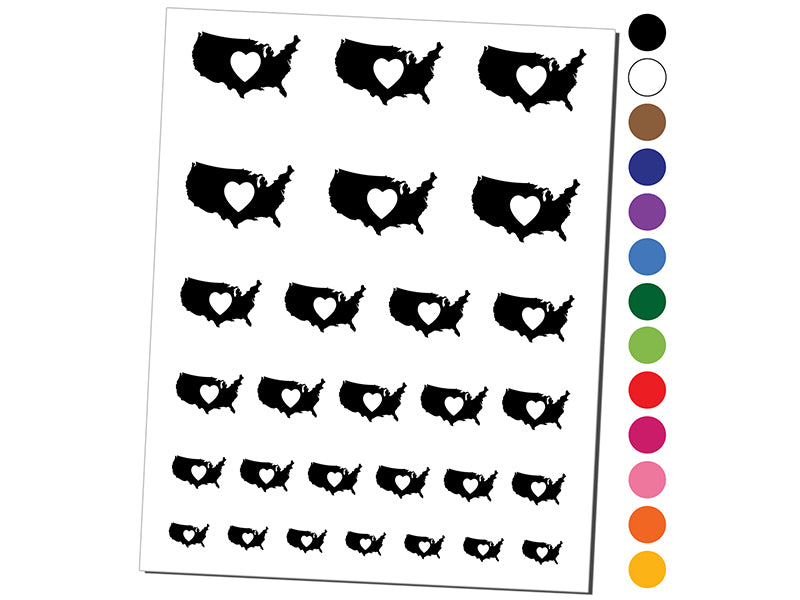 USA United States of America Country with Heart Temporary Tattoo Water Resistant Fake Body Art Set Collection