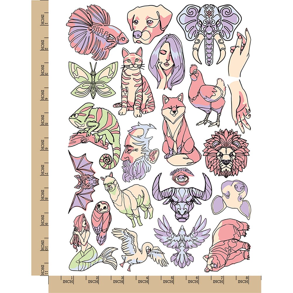 Artsy Contour Line Drawings Animals Temporary Tattoo Water Resistant Fake Body Art Set Collection