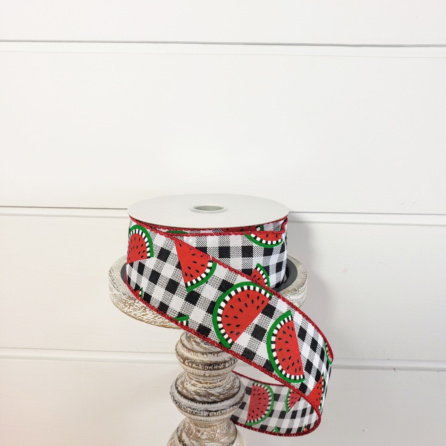 1.5&#x22;x10YD Wired Black/White Buffalo Plaid Ribbon with Watermelon Slices - Classic and Playful Design-RJ10609