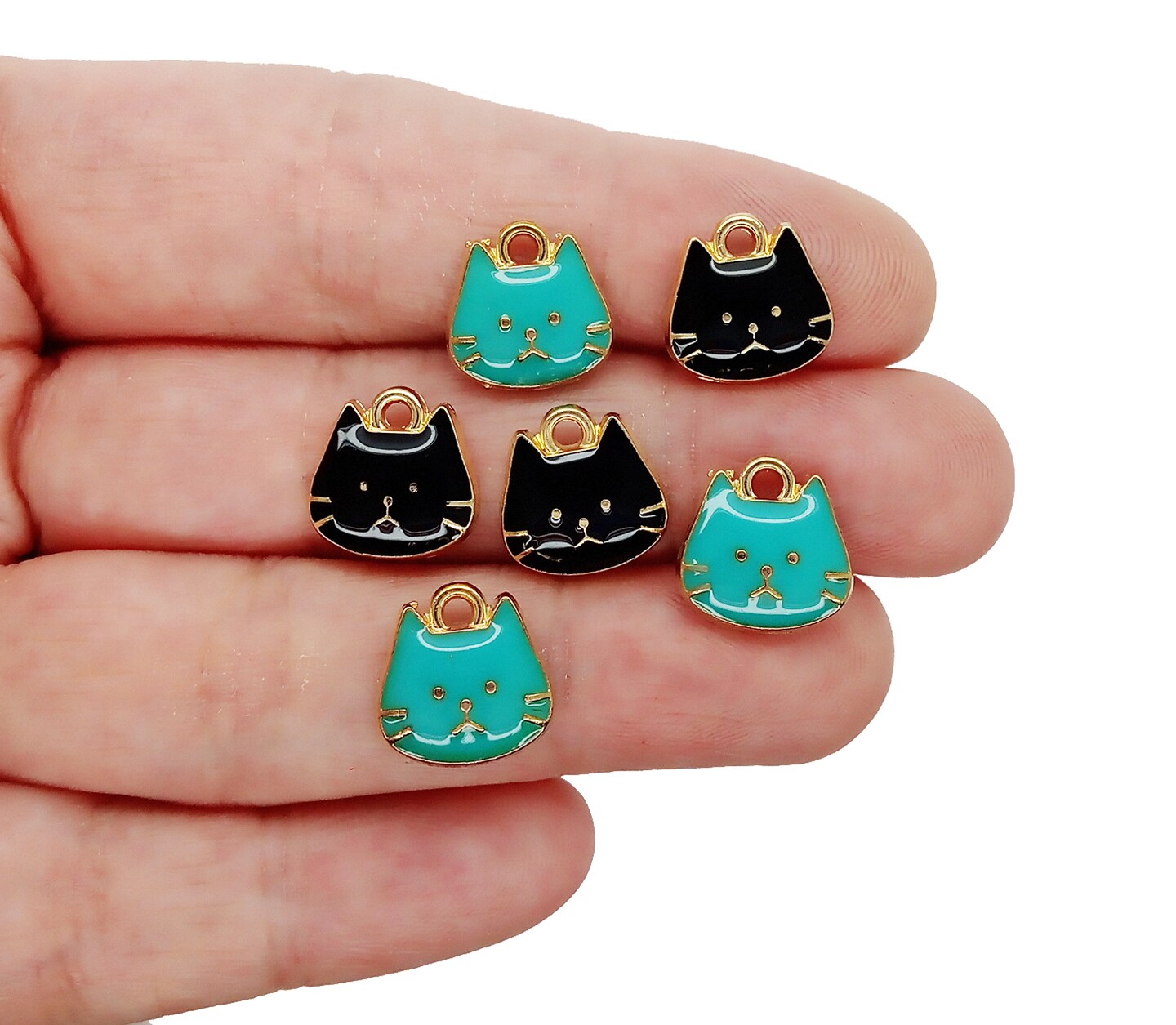 Cute Cat Charms, Set of 6, Black and Aqua Kitten Charms, Adorabilities