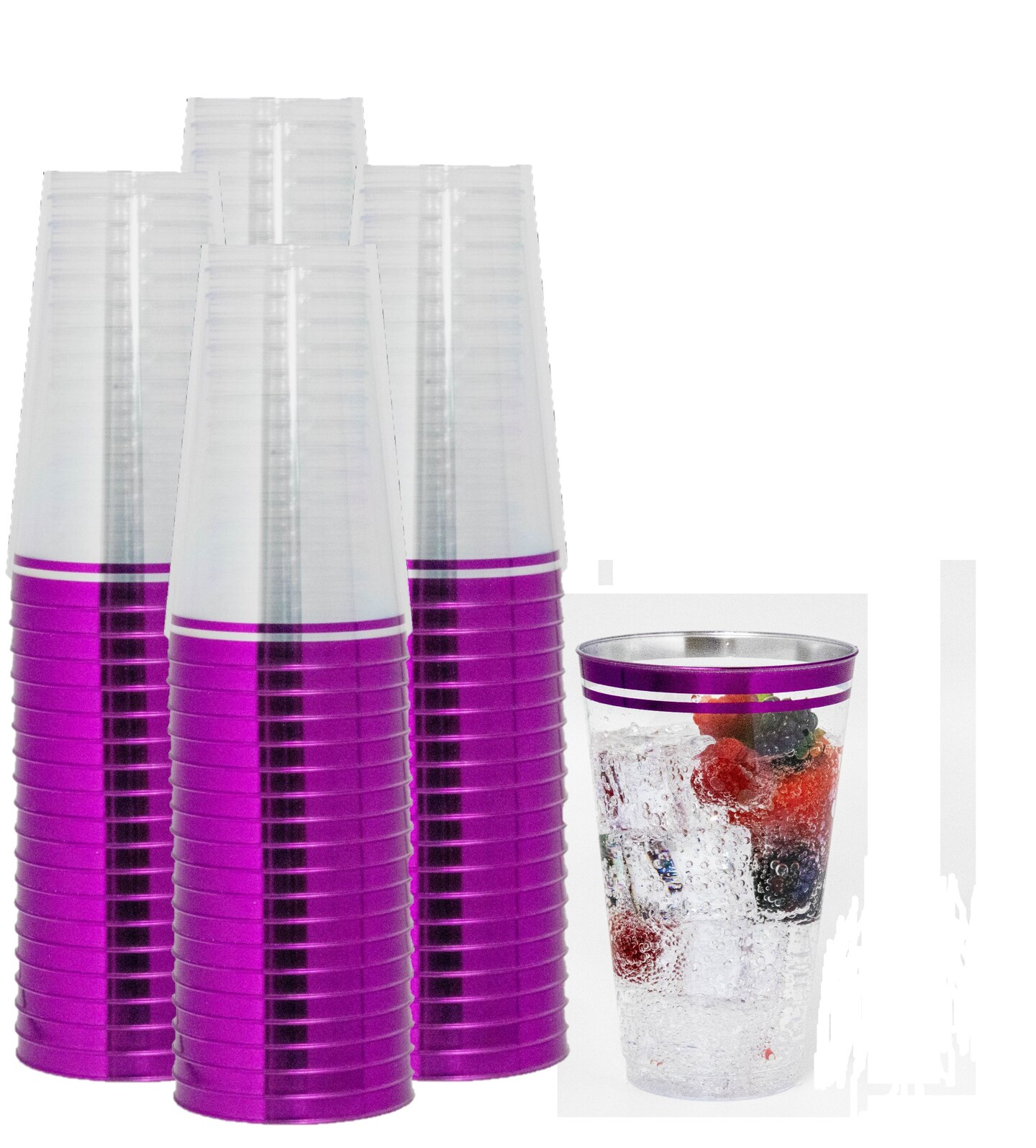100 Pk 16 oz Clear Plastic Cups | Bright Purple Magenta Rimmed Disposable Cups
