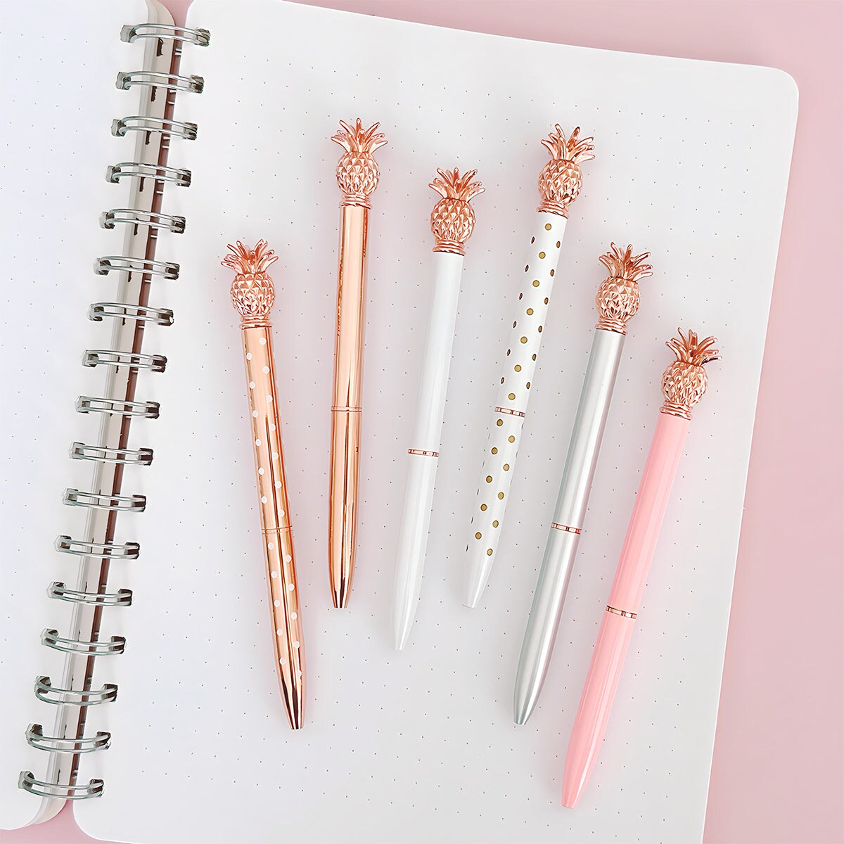 Wrapables Novelty Pineapple Ballpoint Pens, 1.0mm Medium Point Retractable Metal Pens with Refills (Set of 6 Pens + 6 Refills)