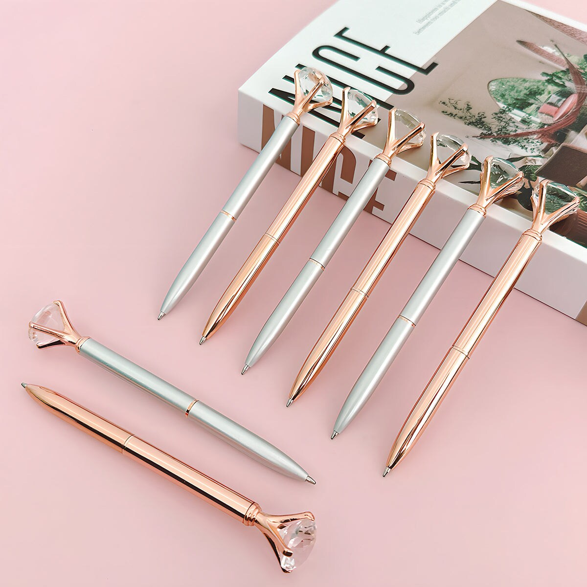 Wrapables Crystal Diamond Ballpoint Pens, 1.0mm Medium Point Wedding Pens with Refills (Set of 8 Pens + 8 Refills), Rose Gold & Silver