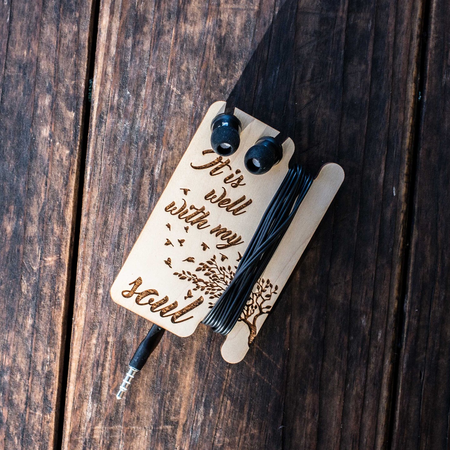 Ear Bud Holder - It&#x27;s Well With My Soul - Raw Wood - 2.5x3.7in