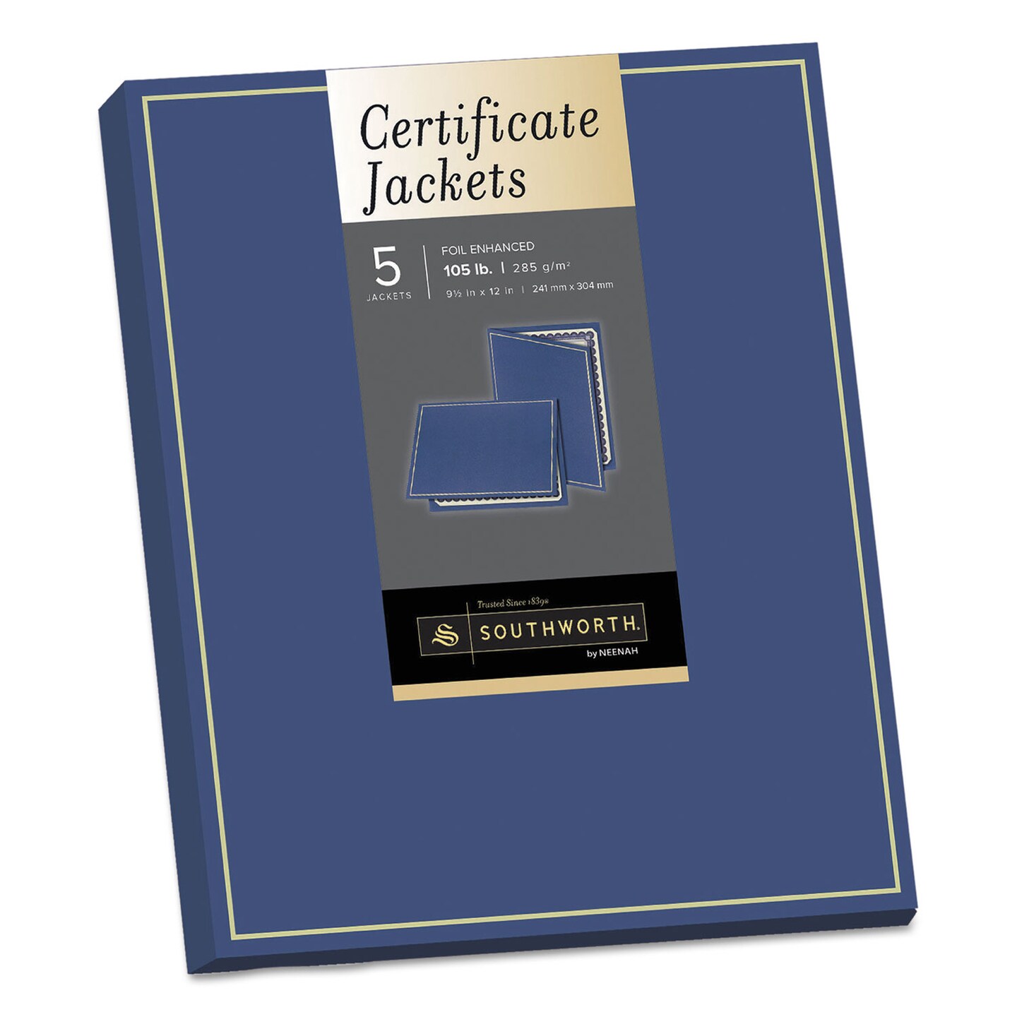 Southworth Certificate Jacket Navy/Gold Border Felt 88lb Stock 12 x 9 1/2 5/Pack