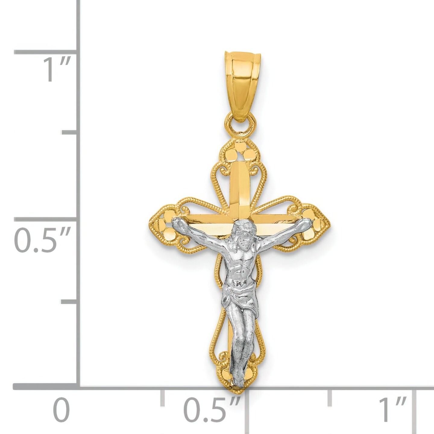 10K Gold & Rhodium Plated Filigree Cross Crucifix Pendant Charm 25mm x 14mm