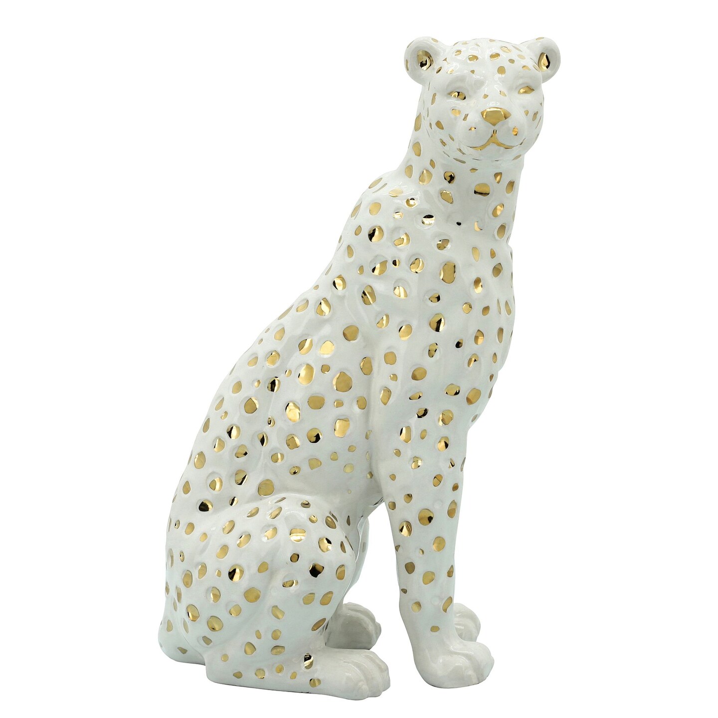Kingston Living Ceramic Sitting Leopard Figurine - 11.25&#x22; - White and Gold