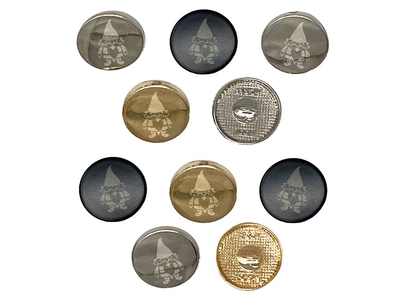 Whimsical Little Garden Gnome 0.6&#x22; (15mm) Round Metal Shank Buttons for Sewing - Set of 10