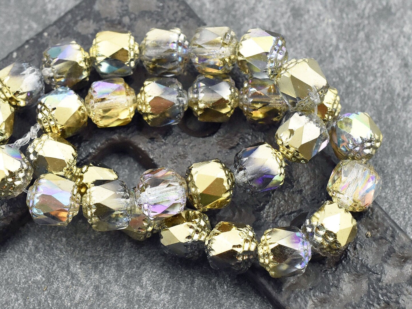 *15* 8mm Gold Washed Crystal AB Fire Polished Cathedral Beads