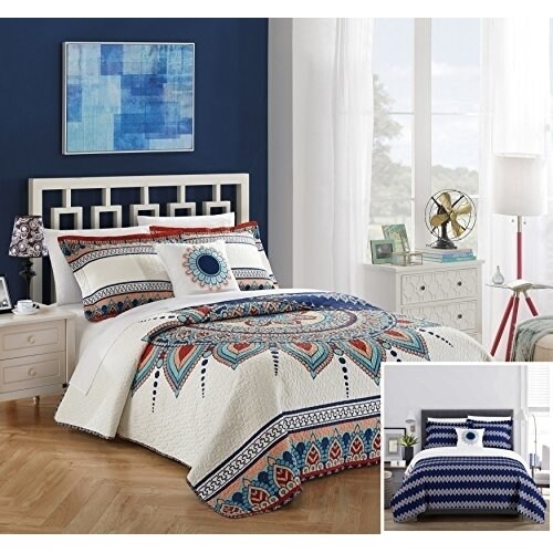 Chic Home 4 Piece Yucca 100% Cotton 200 Thread Count XL Panel Frame Boho Printed REVERSIBLE Quilt Set