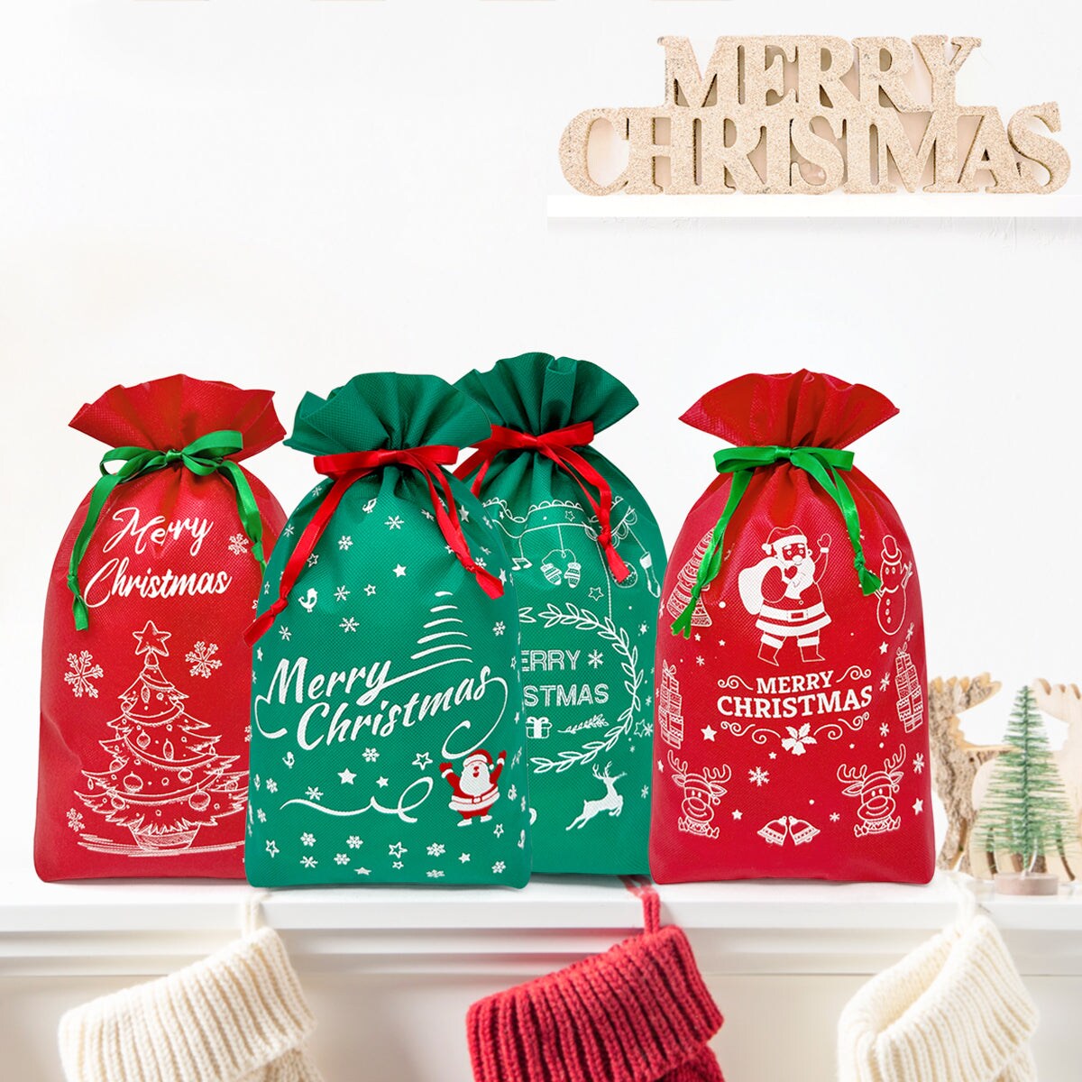 Wrapables Non-Woven Christmas Holiday Drawstring Gift Bags for