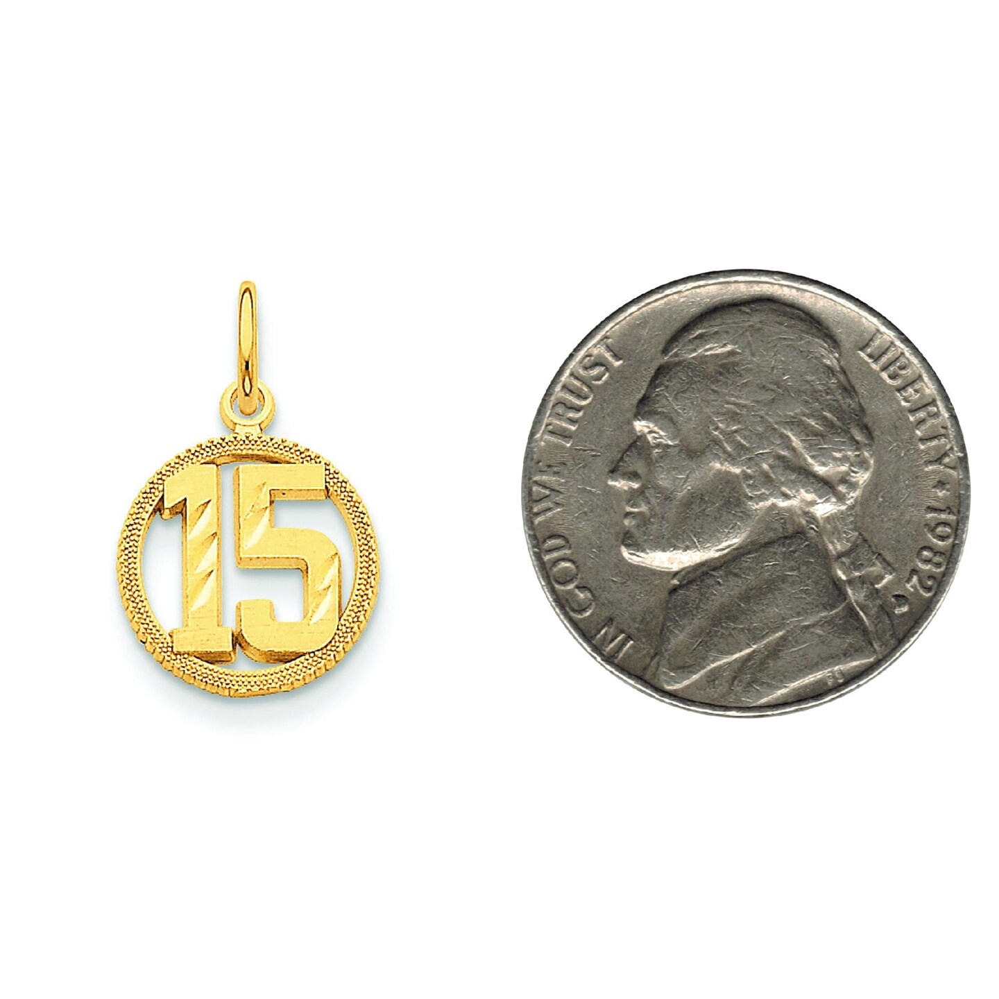 14K Gold Number 15 in Circle Pendant Sports Charm Jewerly 20mm x 12mm