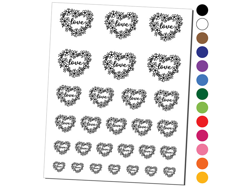 Love Script in Flower Heart Wreath Temporary Tattoo Water Resistant Fake Body Art Set Collection