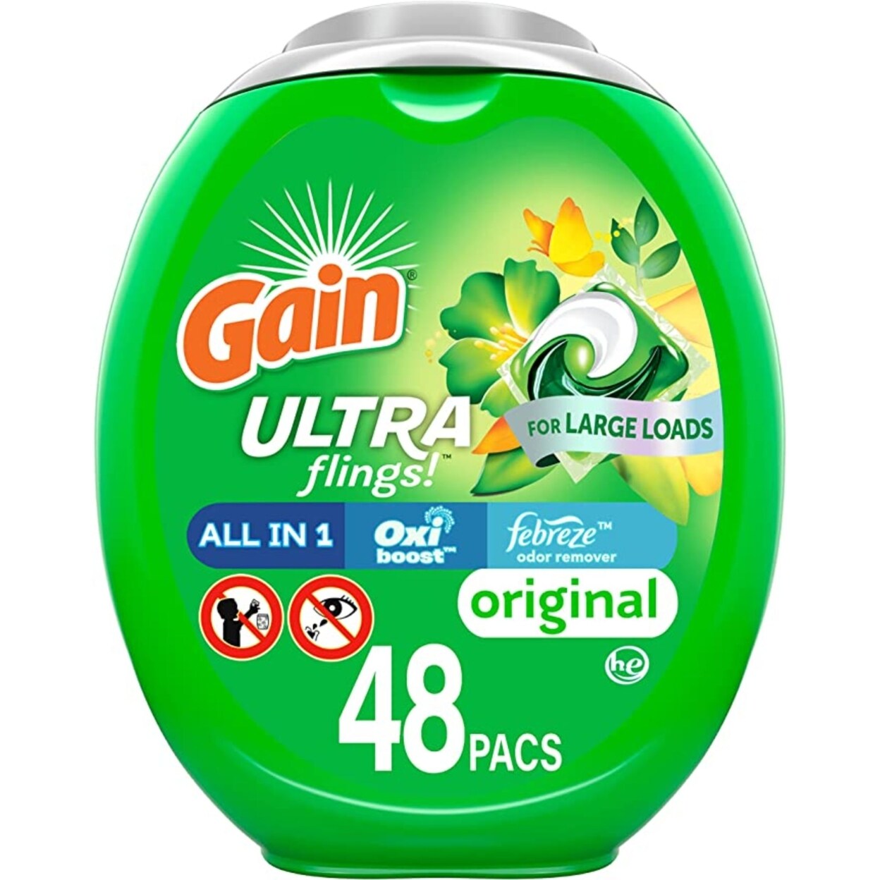 Gain   Ultra flings Liquid Laundry Detergent pacs Designed for Large Loads, Original Scent, 48 Count