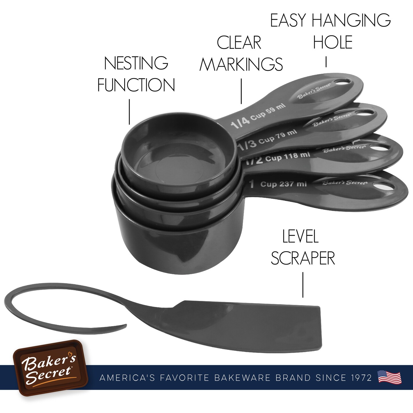 Baker&#x27;s Secret - 4pcs Plastic Measure Cup with Scraper to Adjust Exact Measuring Quantity