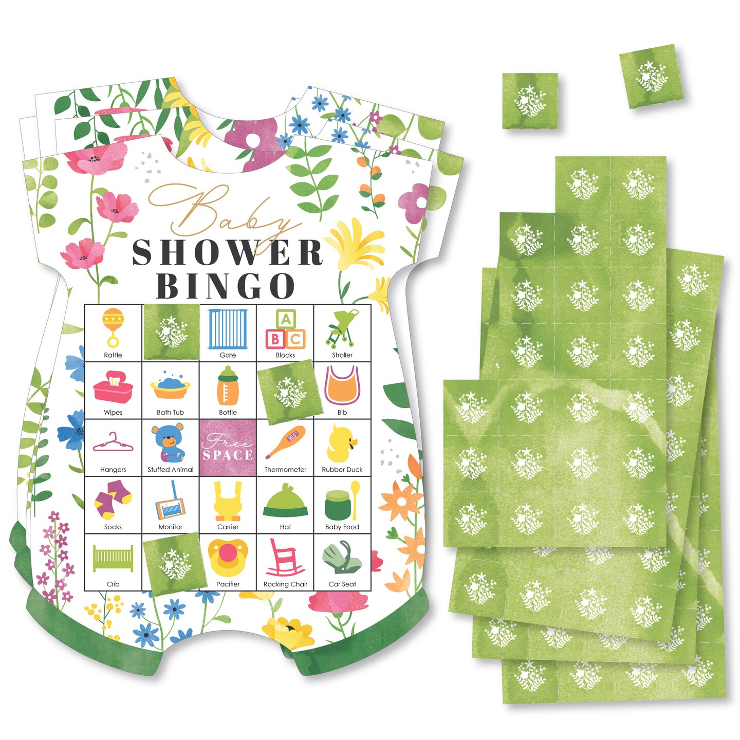 Big Dot of Happiness Wildflowers Baby - Picture Bingo Cards and Markers - Boho Floral Baby Shower Shaped Bingo Game - Set of 18