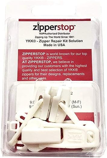 YKK Zipper Repair Kit Solution Vislon #10 Slider/Pull Type Plastic -Top  Stoppers (Made in USA) in Clamshell Box w/Hanger (Non Lock Double Pulls,  White 2 Pulls-top-stoppers)
