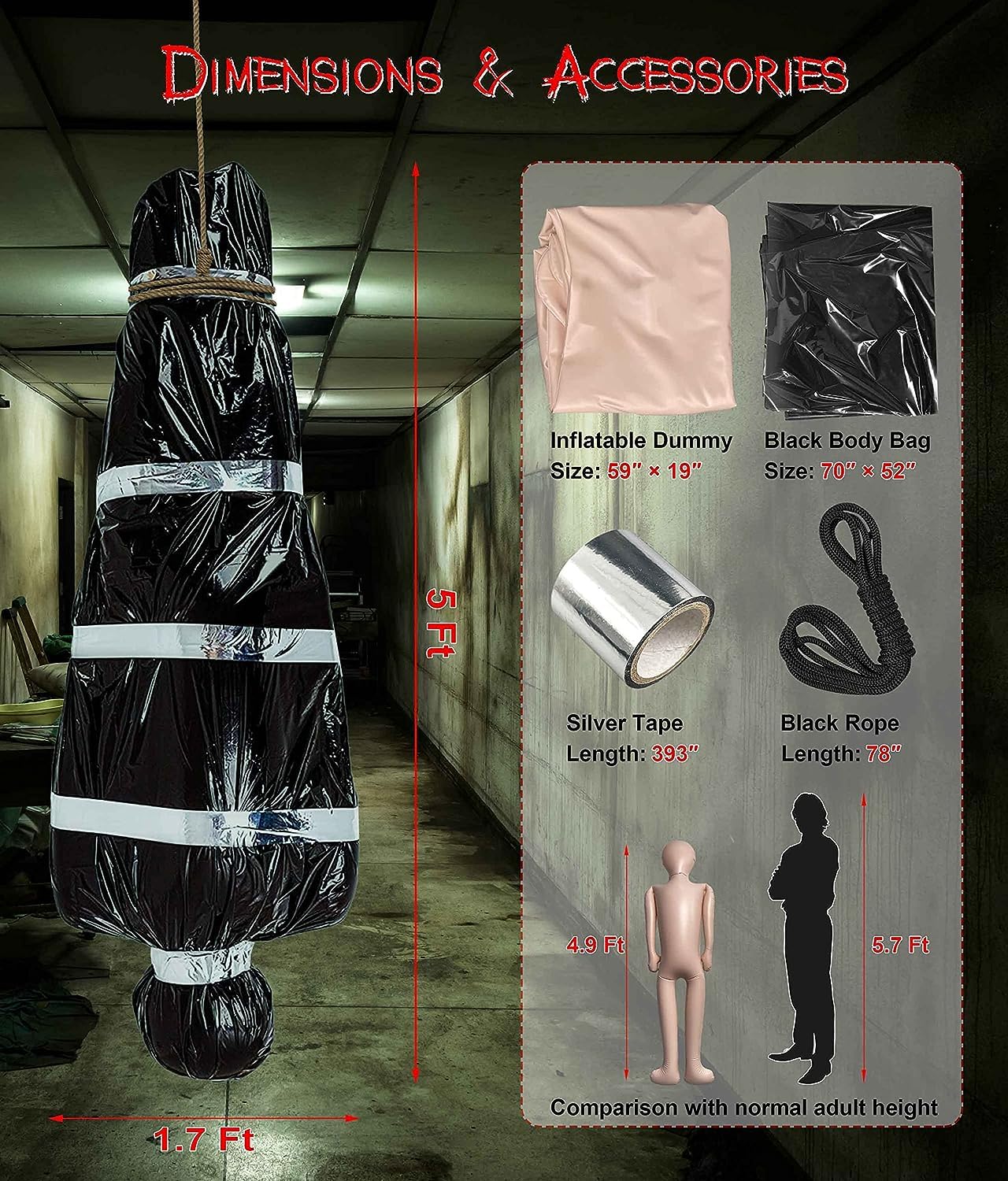 5ft Hanging Corpse Dead Victim Props Halloween Decorations, Haunted Creepy House Halloween Decor,Scary Halloween Decorations Outdoor Clearance, Outdoor Halloween Inflatables Yard Decorations