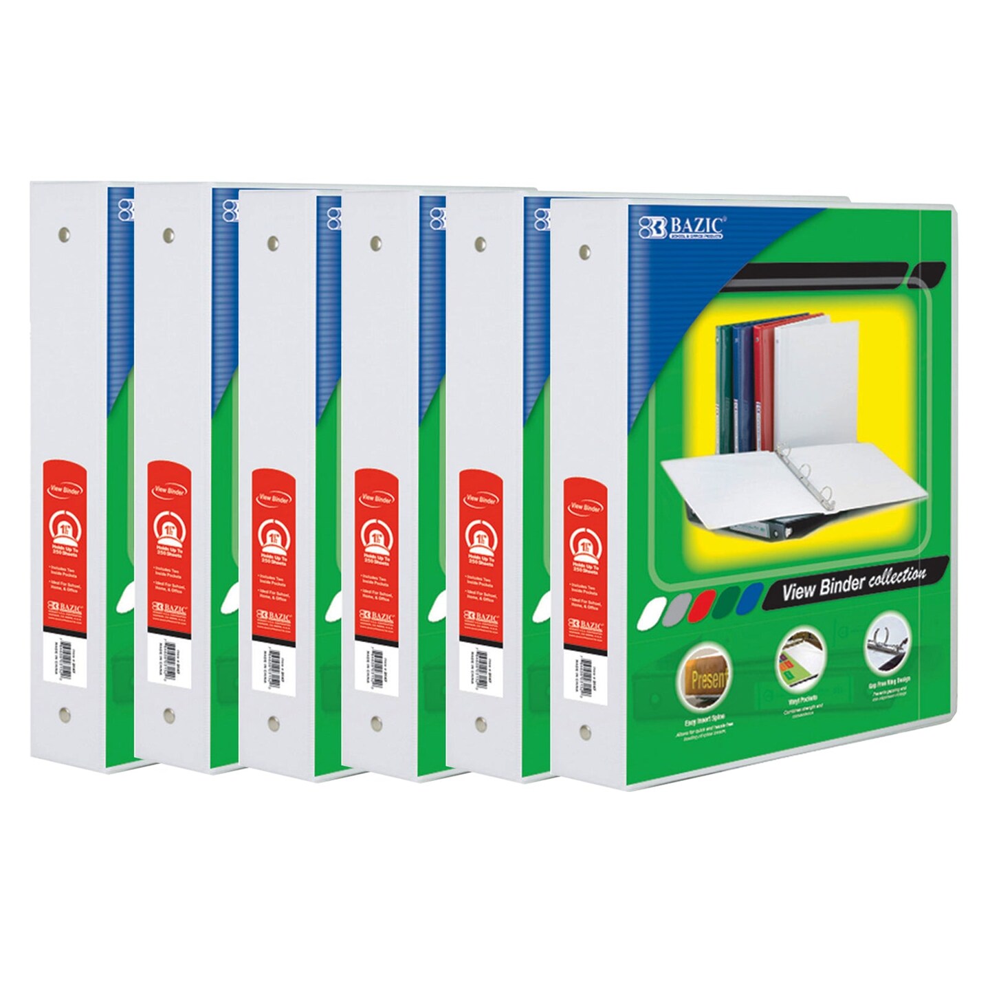 3-Ring View Binder with 2 Pockets, 1.5&#x22;, White, Pack of 6