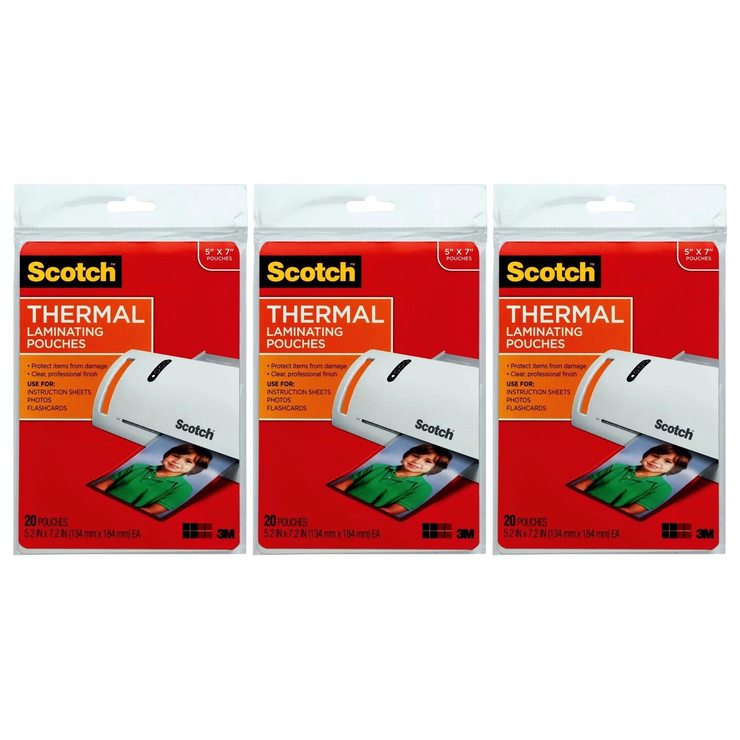 Thermal Laminating Pouches, 5 mil, 5&#x22; x 7&#x22;, 20 Per Pack, 3 Packs