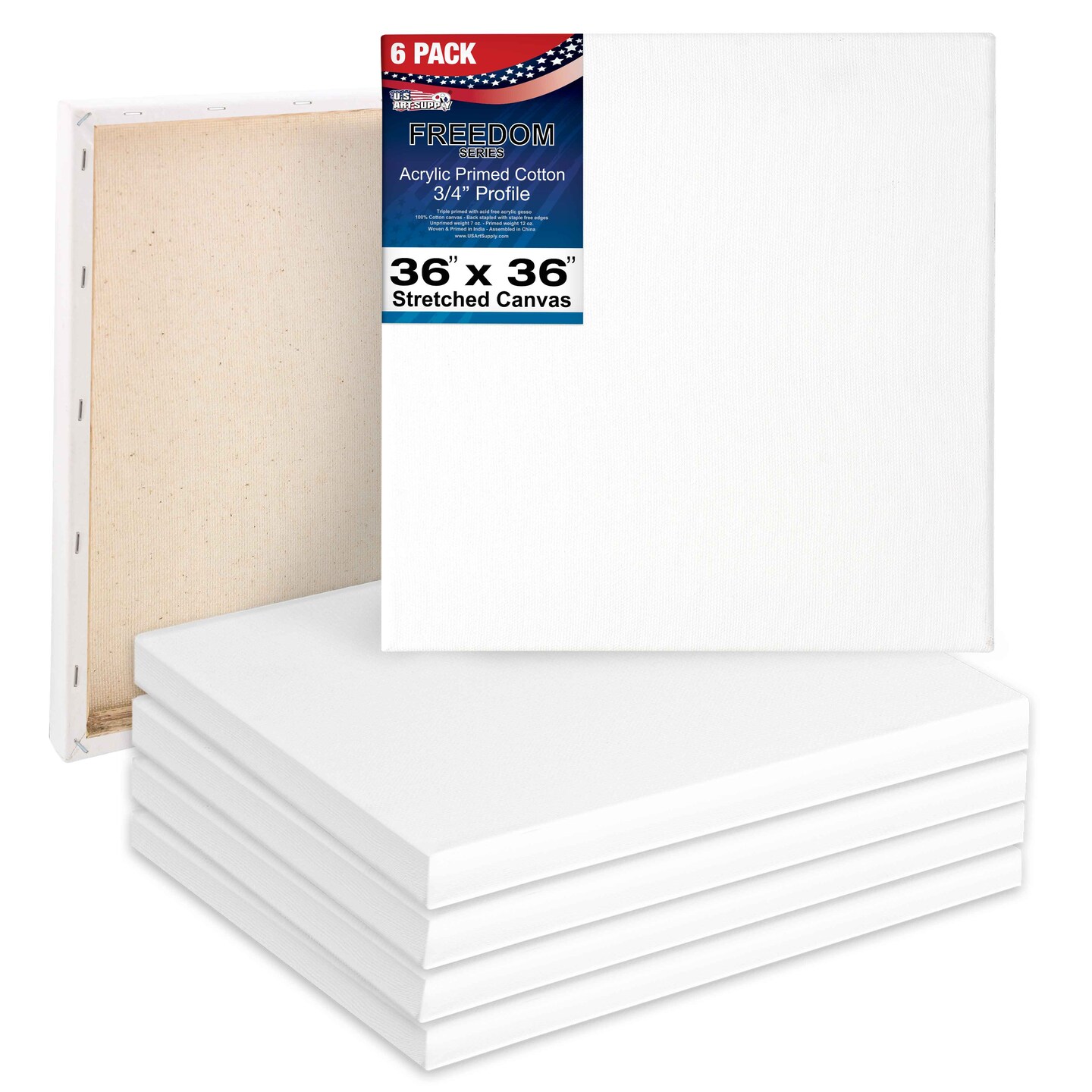 36 x 36 inch Stretched Canvas 12-Ounce Triple Primed, 6-Pack - Professional Artist Quality White Blank 3/4&#x22; Profile, 100% Cotton, Heavy-Weight Gesso