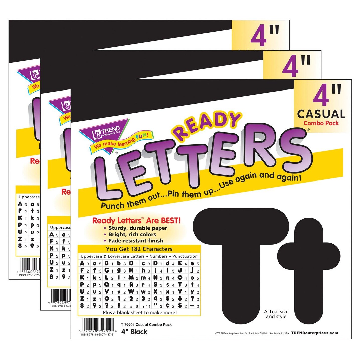 Black 4-Inch Casual Uppercase/Lowercase Combo Pack Ready Letters&#xAE;, 182 Per Pack, 3 Packs