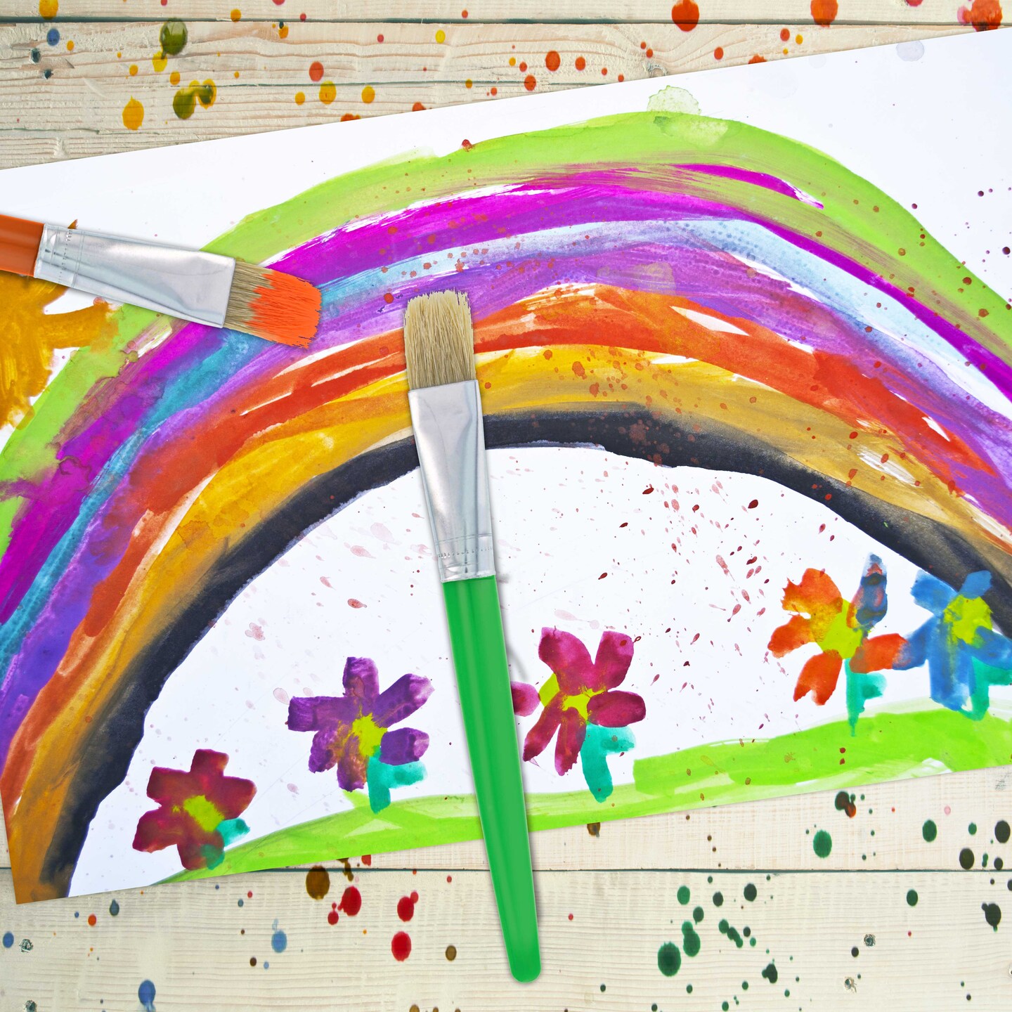 U.S. Art Supply 10-Piece Large Flat Children&#x27;s Chubby Hog Bristle Tempera Paint Brush Set - Fun Kid&#x27;s Party, School, Student, Class Craft Painting