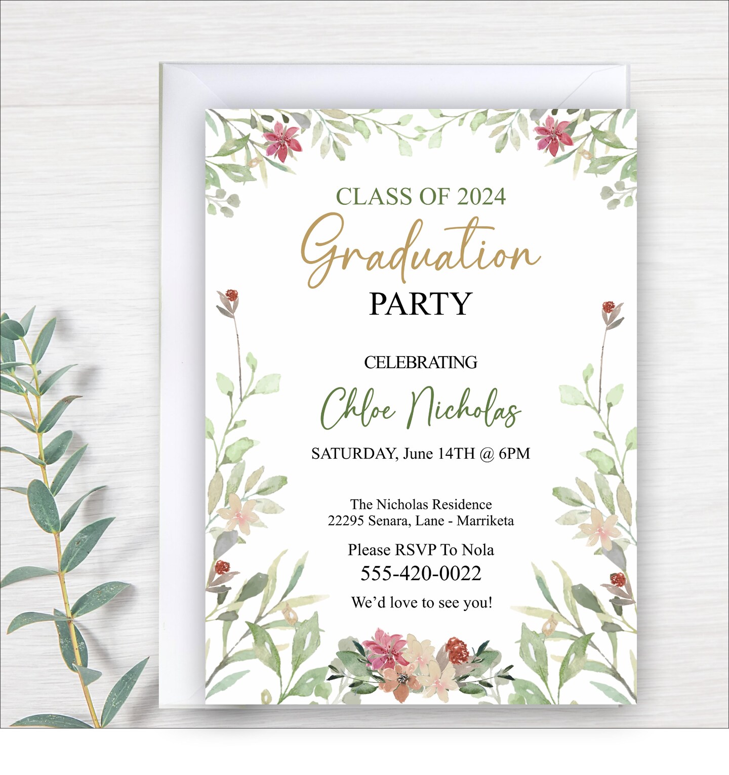 Custom Floral Graduation Party Invitations, Soft Greenery Boho Vibe ...