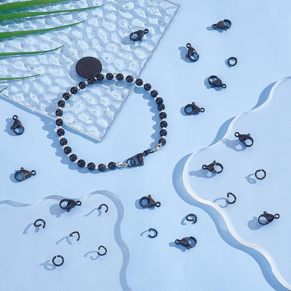 40pcs Black Lobster Claw Clasps with Jump Ring Stainless Steel Necklace Fasteners Hook Set End Chain Clasp Kits Metal Jewelry Clasps for DIY Bracelet Necklace Jewelry Making