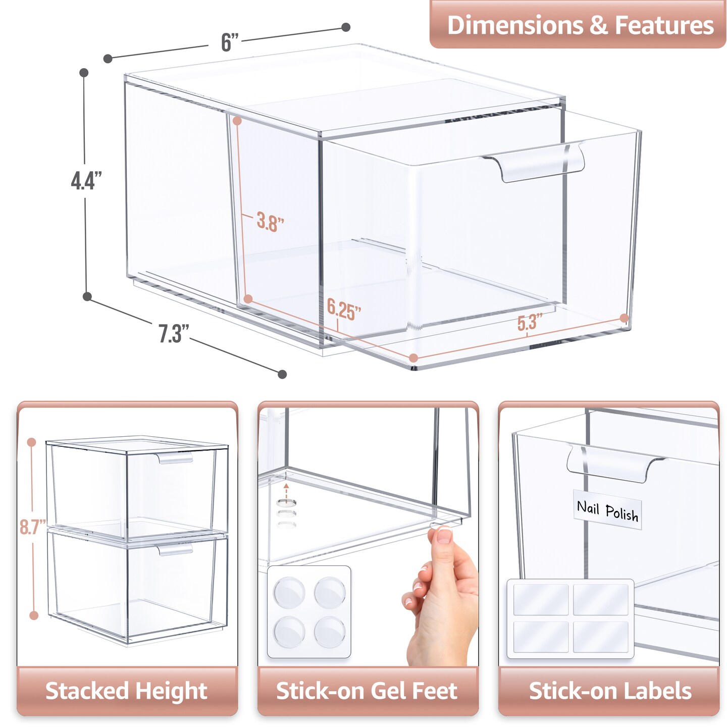 Sorbus 2 Pack Clear Stackable Acrylic Drawer Makeup Organizers - for Vanity, Bathroom, Under Sink, Cabinets, Jewelry, and More