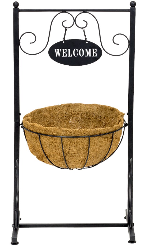 Sorbus Welcome Planter Basket Stand with Coco Liner, Stylish Flower, Plant, and Outdoor decor for Home, Garden, Patio, Deck, Black Metal