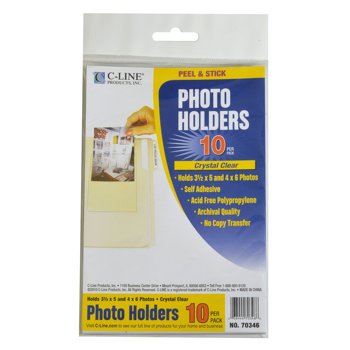 Peel &#x26; Stick Photo Holders, Clear, 4&#x22; x 6&#x22;, 10 Per Pack, 5 Packs