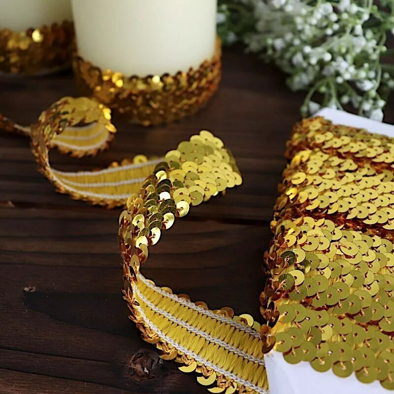 1x10 yards GOLD Metallic Sequin Fabric RIBBON Stretchable Lace