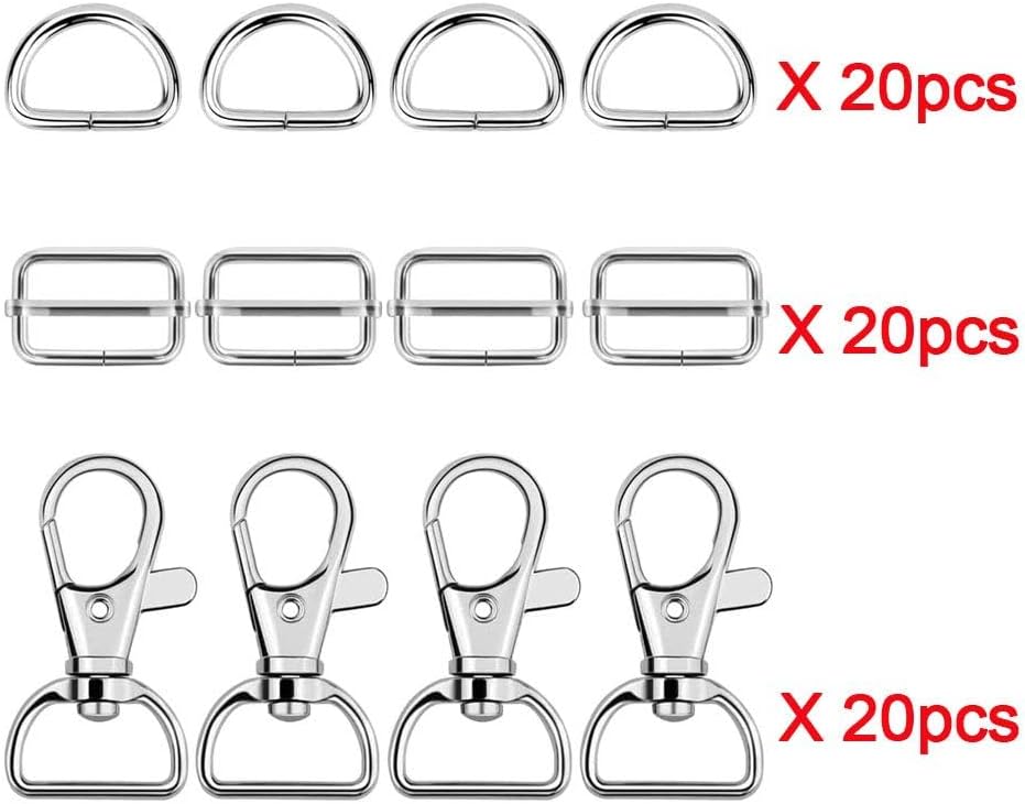 60 Pcs Purse Hardware for Bag Making - Swivel Snap Hooks, D Ring, Slide Buckle, Bag Hardware Supplies for Handbag Fasteners, Strap, Backpack DIY Craft Accessories, 1 Inch, Silver