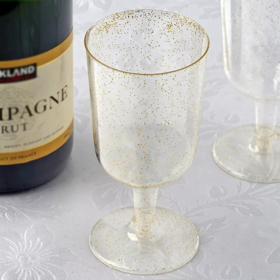 12 7 oz Plastic Gold Glittered Clear Champagne GLASSES Tableware
