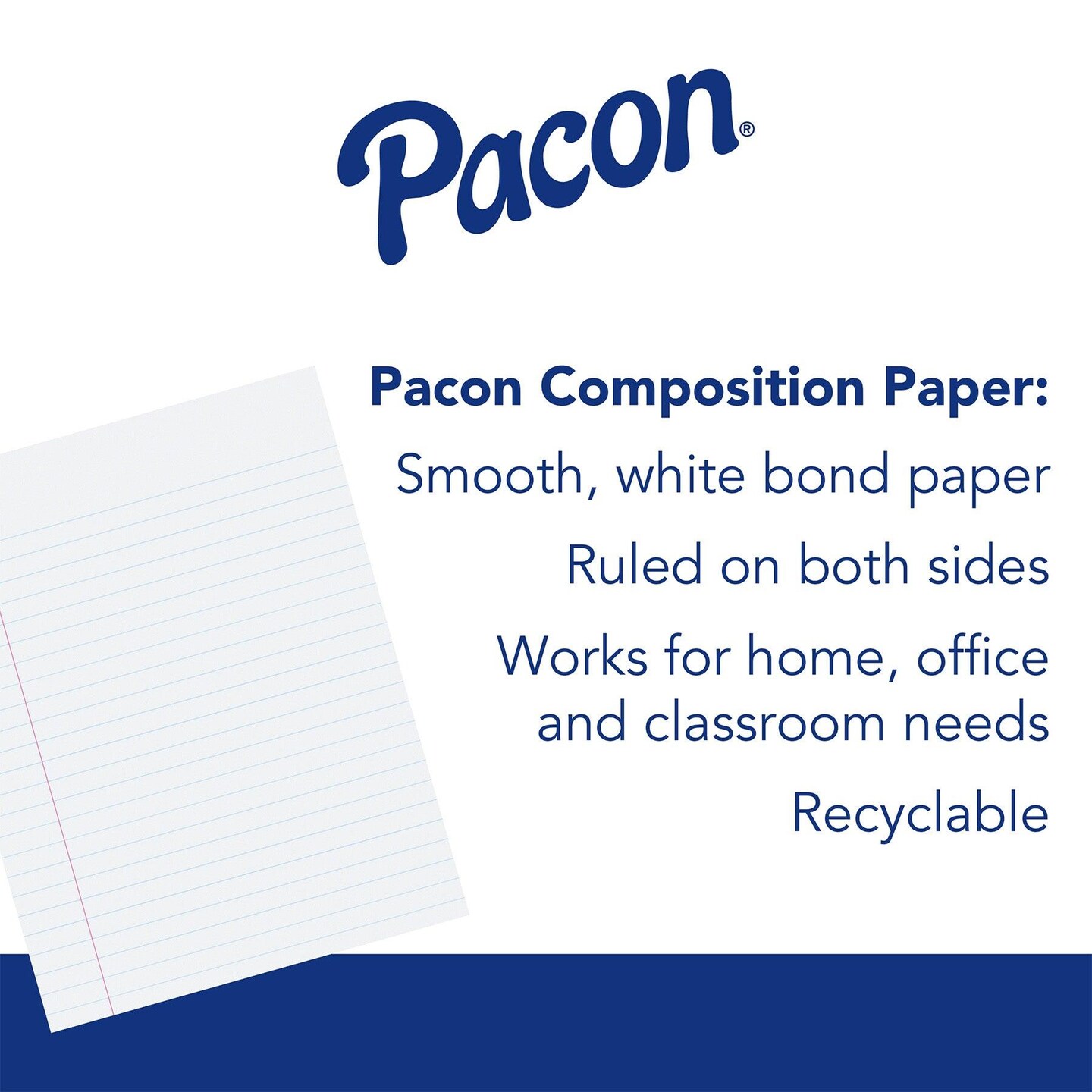 Composition Paper, White, Red Margin, 3/8&#x22; Ruled 8&#x22; x 10-1/2&#x22;, 500 Sheets Per Pack, 2 Packs