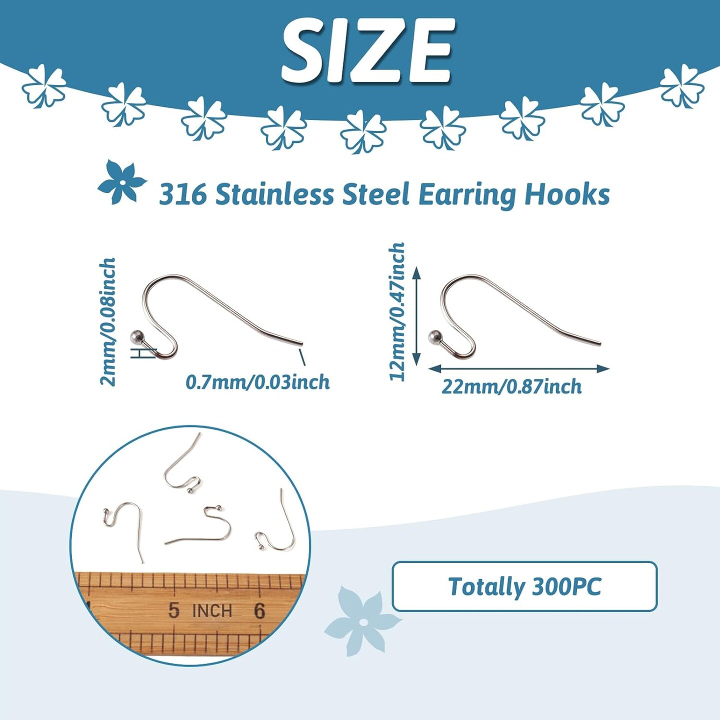 300pcs Stainless Steel Earring Hooks Surgical Hook Earwire with Ball End Fish Ear Wire for Jewelry Making 22x12x2mm