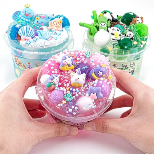 10 FL OZ Unicorn Slime Kit, Pink Clear Slime Bucket, Slime Party Favors for Kids, Glimmer Crunchy Slime Includes 9 Packs of Slime Add-ins, Stress Relief Slime Kit for Girls and Boys Ages 8-12