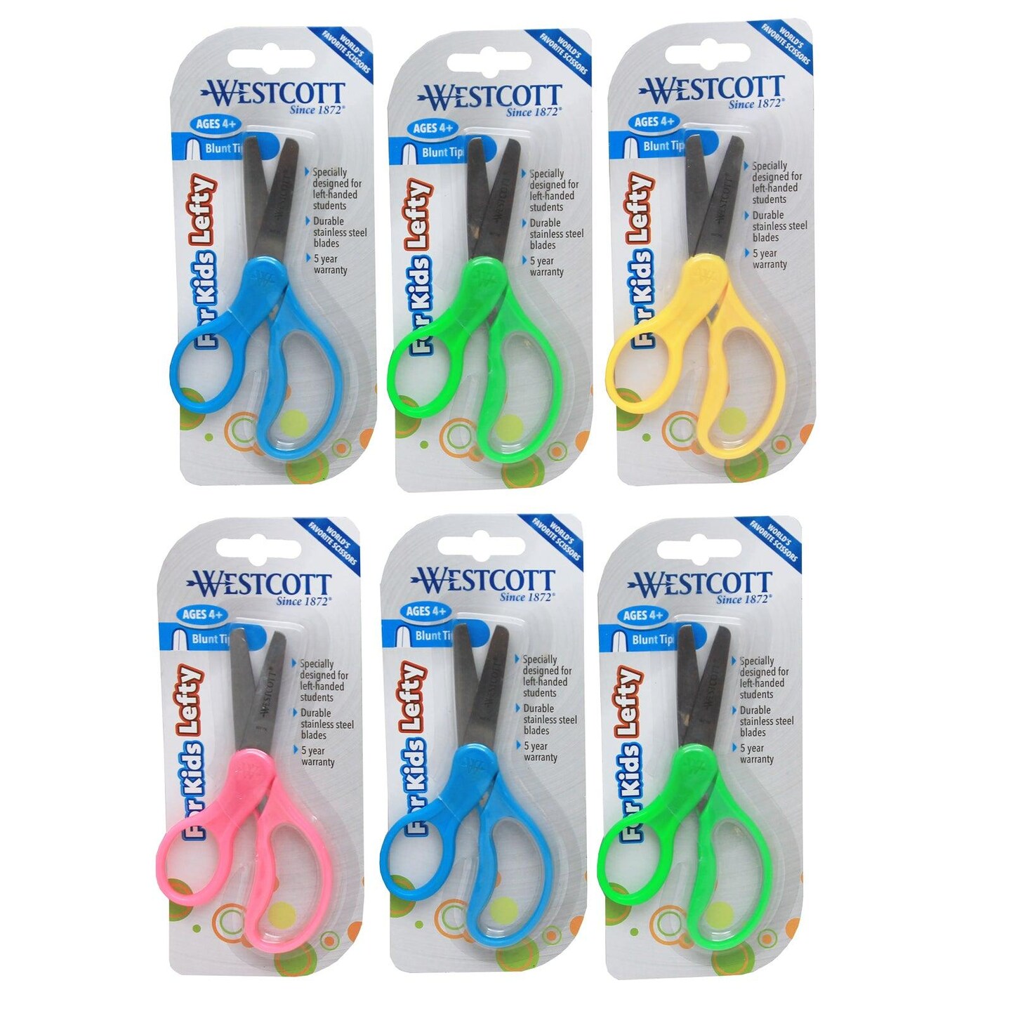 School Kumfy Grip Left-Handed Kids Scissors, 5&#x22; Blunt, Assorted Colors, Pack of 6