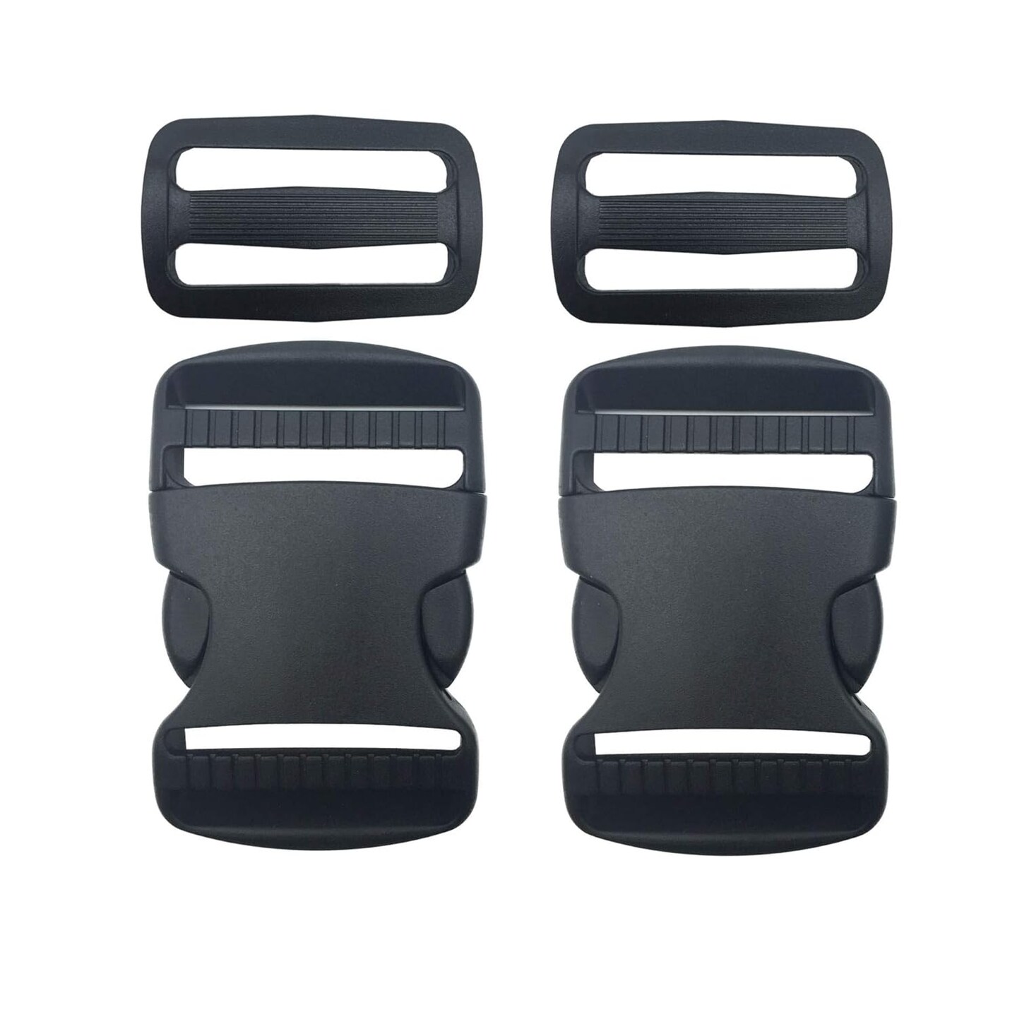 2 Set 1.5 Inch Flat Dual Adjustable Plastic Quick Side Release Plastic Buckles and Tri-glide Slides for Luggage Straps Pet Collar Backpack Repairing (Black, Fit For 1.5”/38mm Webbing Straps)