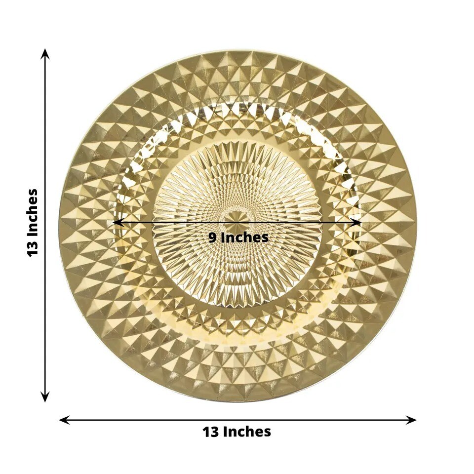 GOLD 6 Metallic 13&#x22; Round Plastic CHARGER PLATES Diamond Pattern