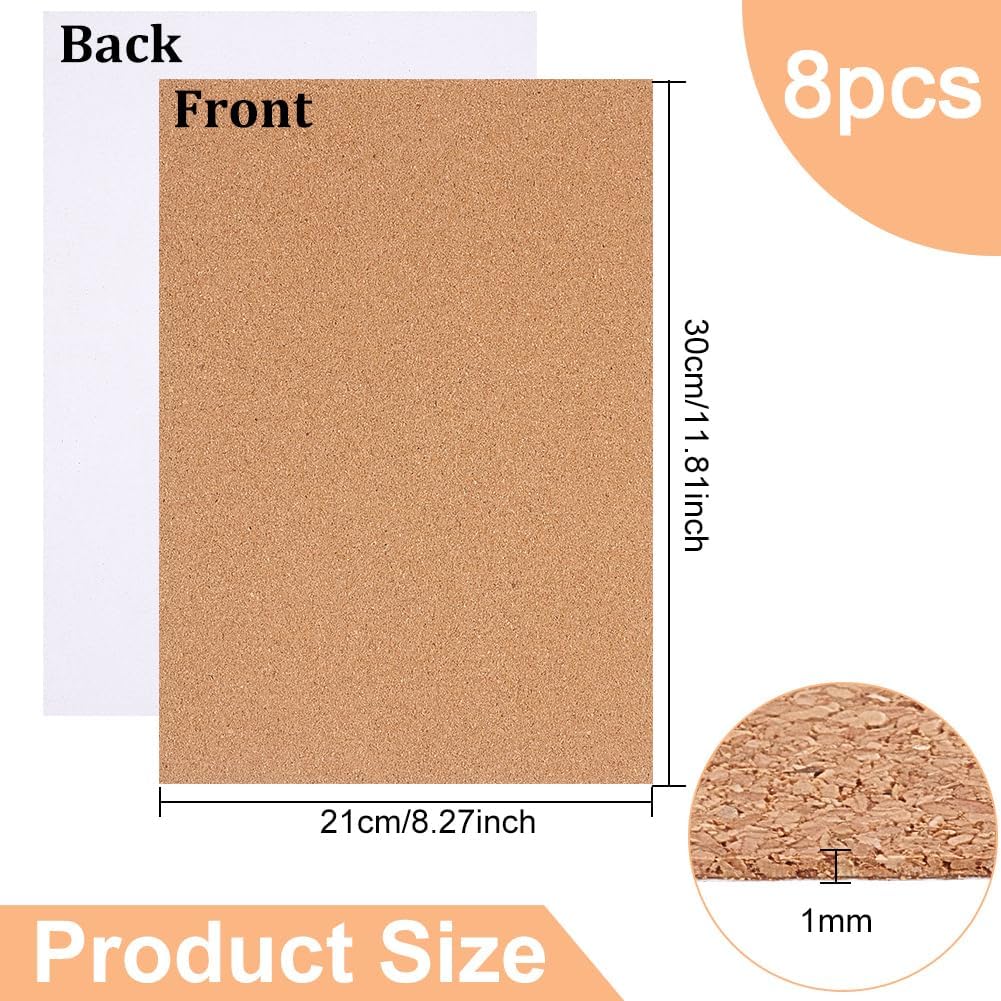 8 Pack Self-Adhesive Cork Sheets 1mm Thick A4 Rectangle Insulation Cork Backing Sheets for Coaster, Wall Decoration, Wedding Party, DIY Crafts Supplies, 8.3&#x22; x 11.8&#x22;